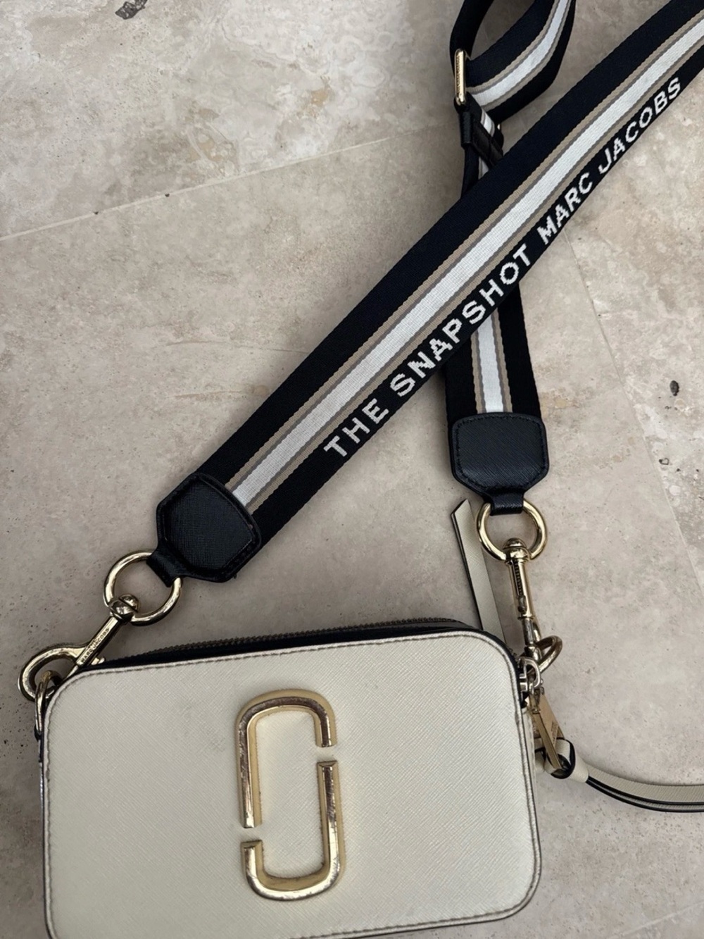 Marc Jacobs Cream Snapshot Crossbody Bag with Striped Logo Strap
